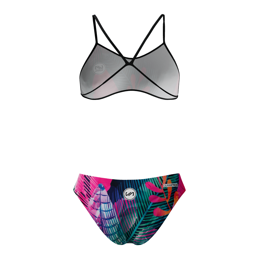 Bikini Natación Mujer Tirante Estrecho - BLACK TROPICAL FLOWERS PRINT